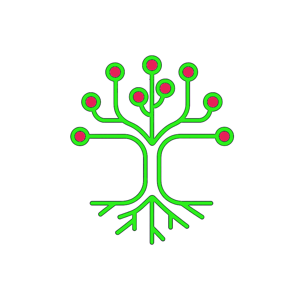 Yggdrassil world tree with green branches, roots and pink fruit